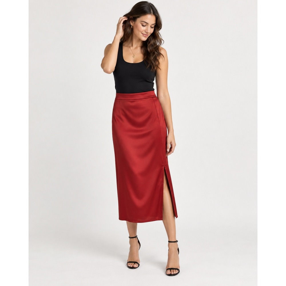 Vine & Love Midi Skirt M Red Satin Side Slit Holiday Party Chic Glam VS30762
